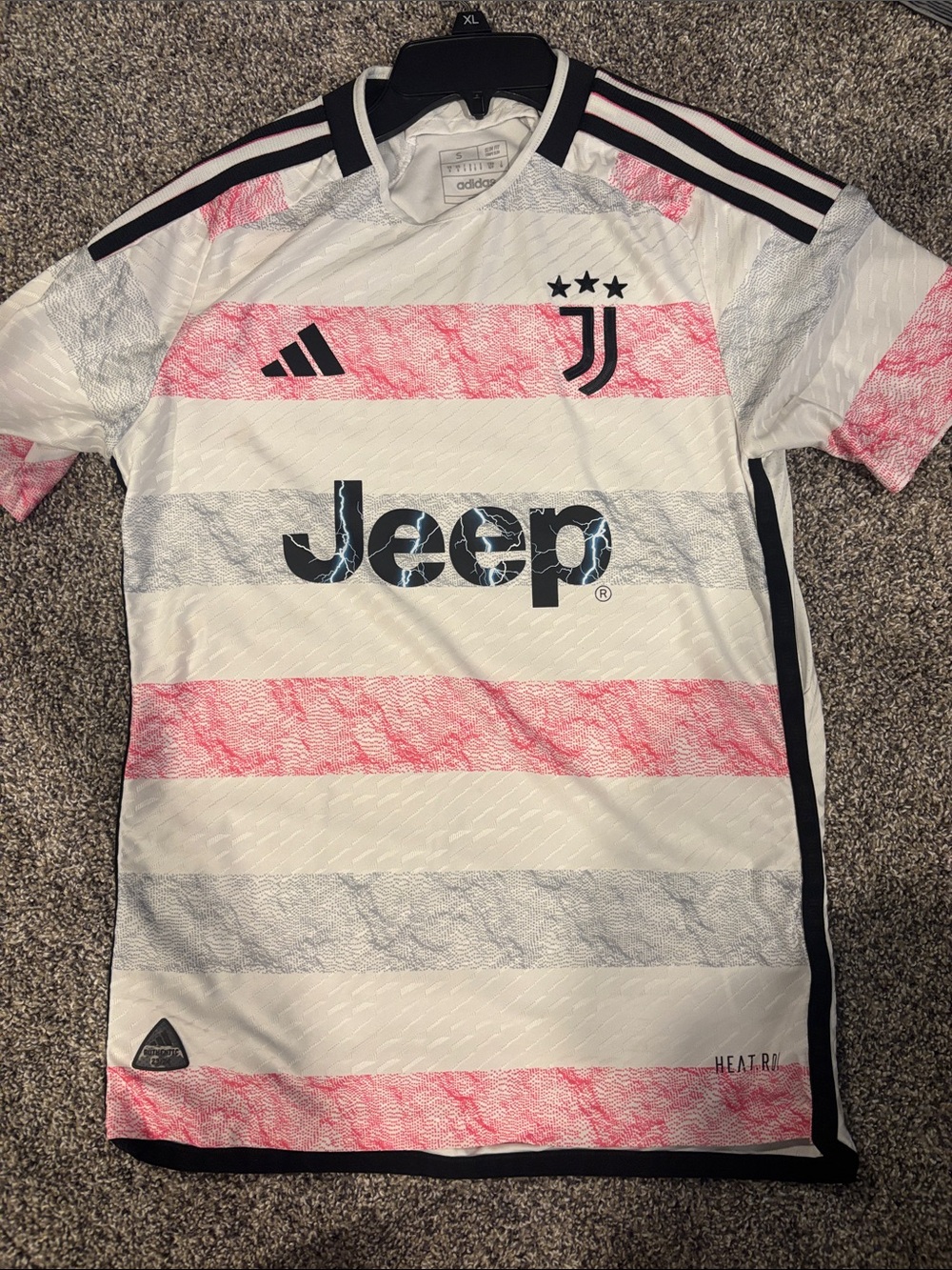 adidas men’s Player edition Juventus White with Pink & Gray Stripe Soccer Jersey